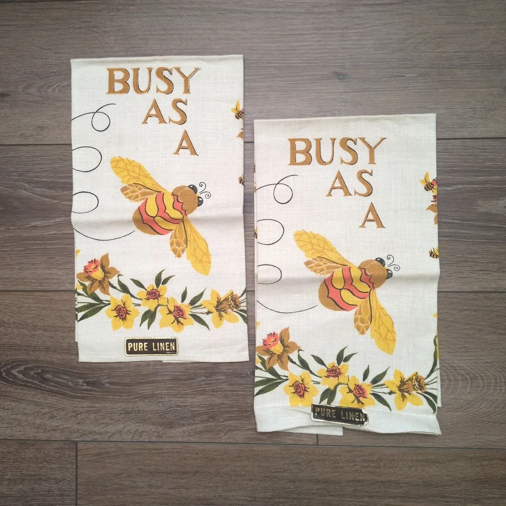 Vtg Pure Linen Busy As A Bee Tea Towels Yellow Daffodil Retro Set of 2 NOS NEW